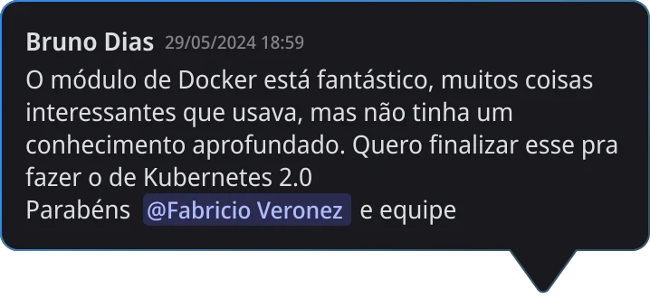 Comentário de aluno na plataforma do DevOps Pro